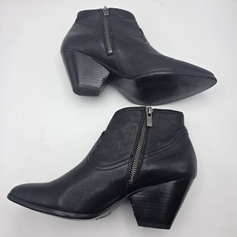 FRYE REINA Ankle Booties 7.5 Black Side Zip Cowboy Boots Heel Leather Western - Picture 7 of 10